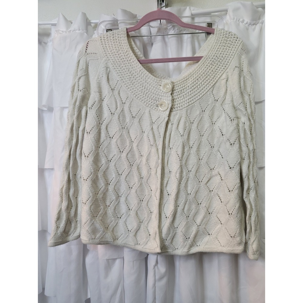 Dressbarn Cream Metallic Shimmer Pointelle Knit Cardigan Sweater Womens XL  1812